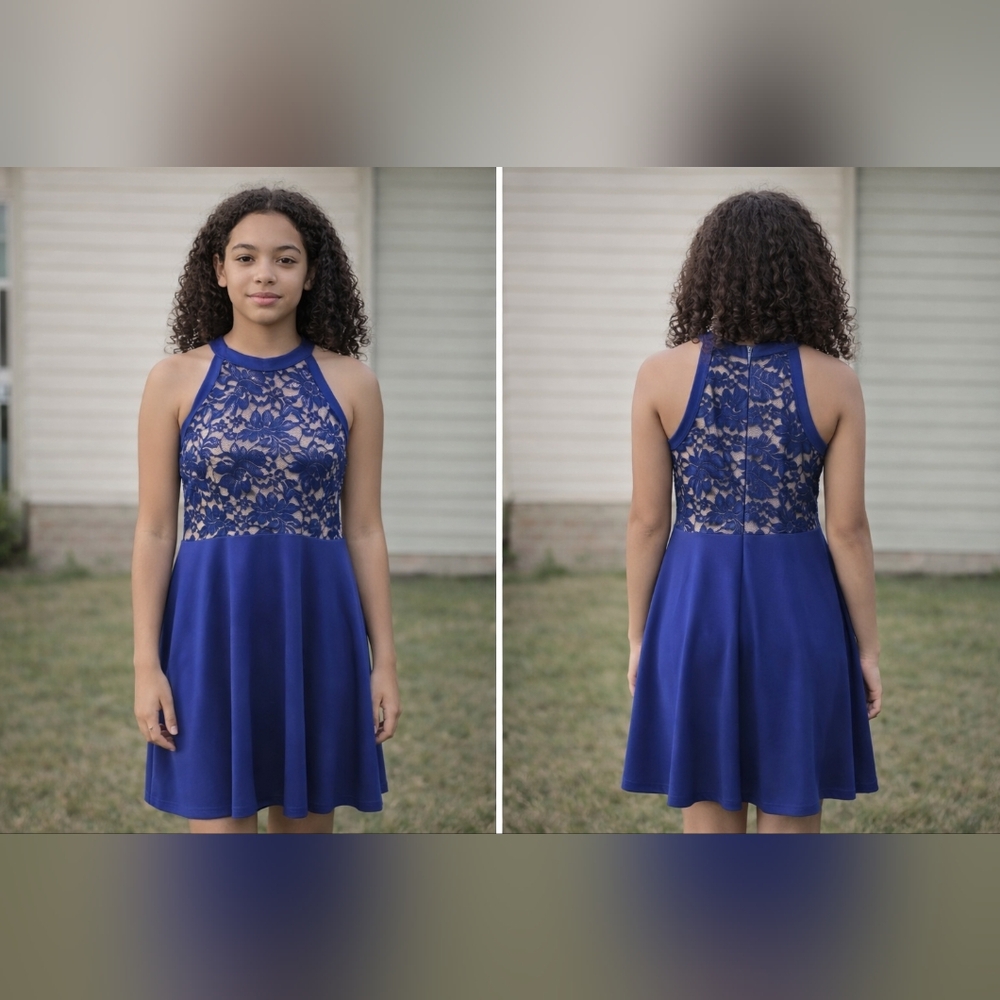 Elegant Blue and‎ Tan Lace Kids Dress